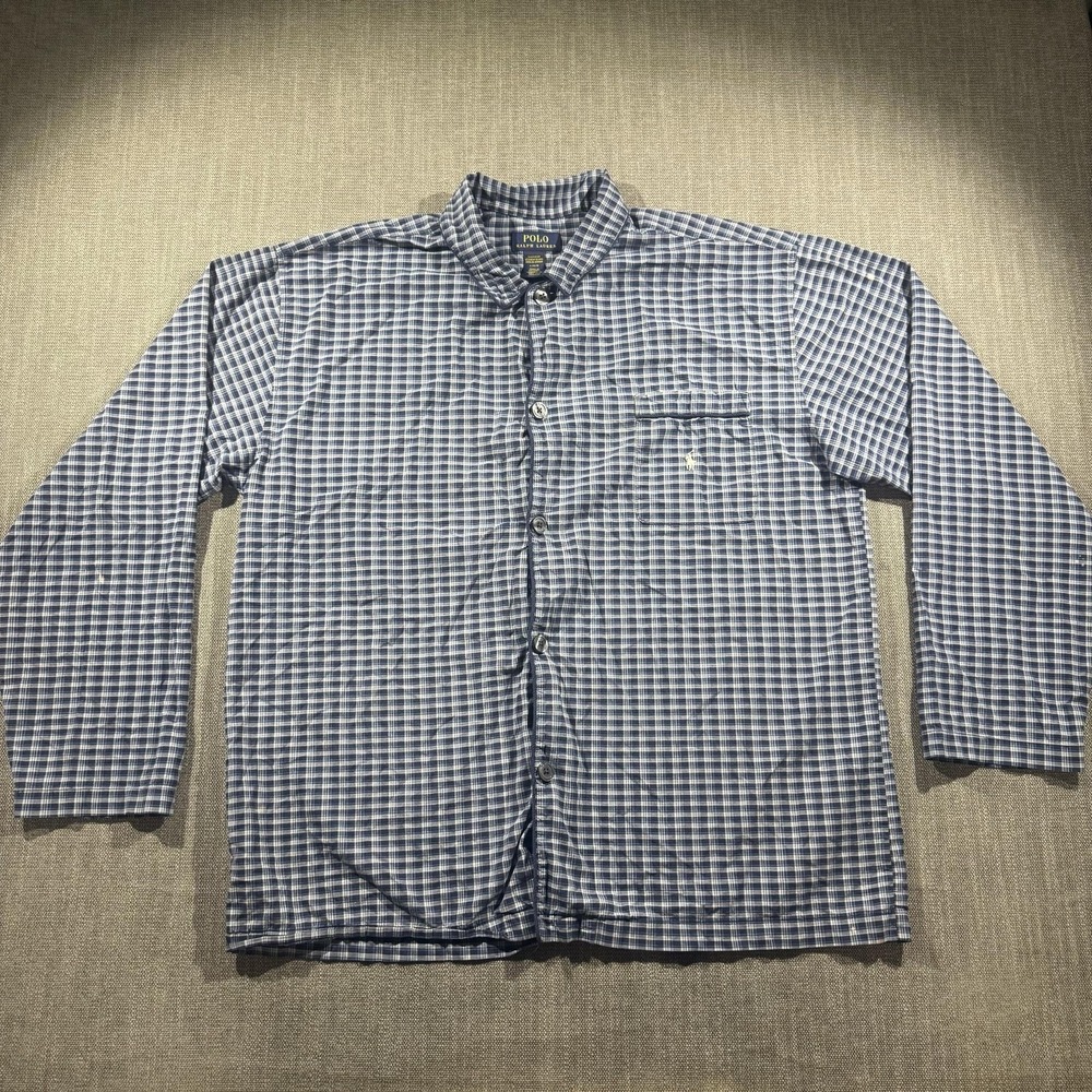 Polo Ralph Lauren Pajama Top Mens Large Blue Plaid Cotton Sleepwear Long Sleeve